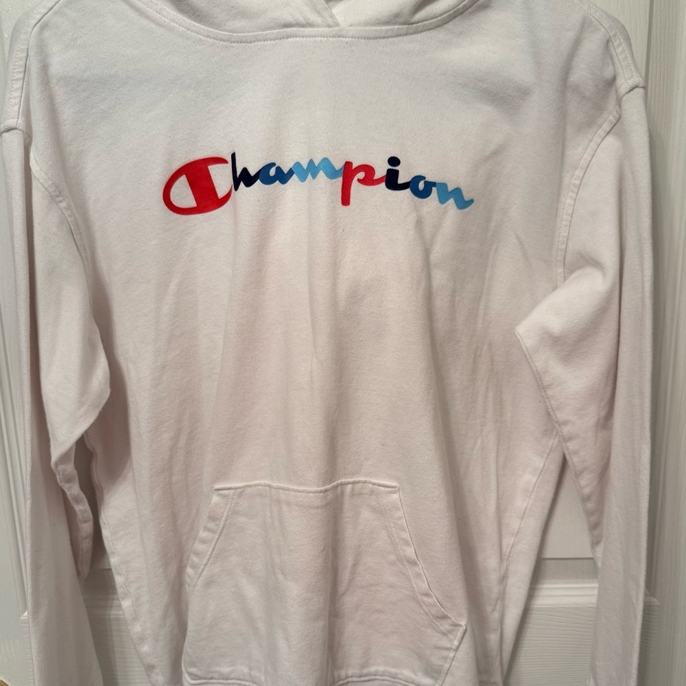 White Champion women's middleweight jersey pullover hoodie with a multicolor log